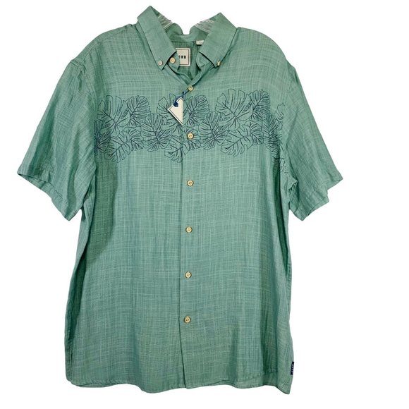ROWM Hawaiian Shirt Sz L Green Short Sleeve Button Up Beach Vacay Aloha Cruise - Picture 1 of 6